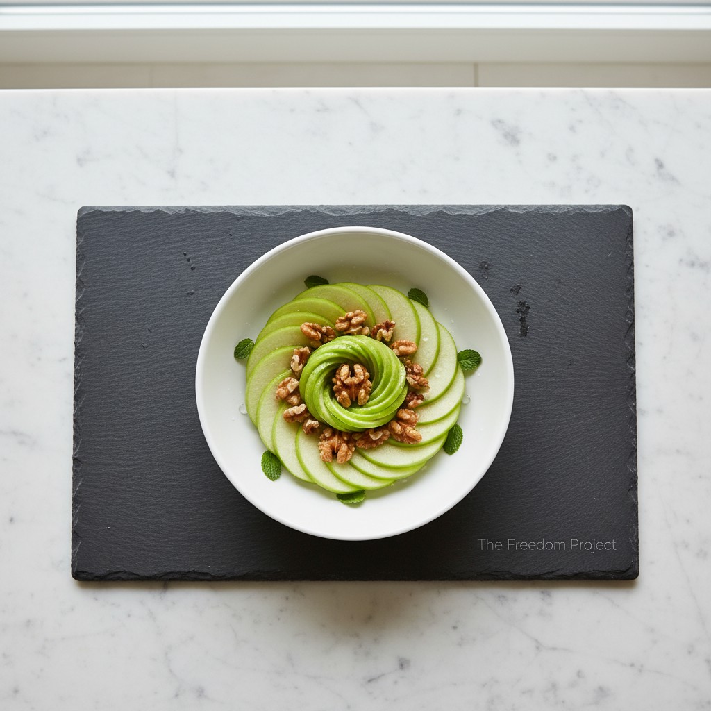 The image shows a white bowl with sliced apples, nuts, and mint leaves on a gray stone plate or tray, with the words "The ...