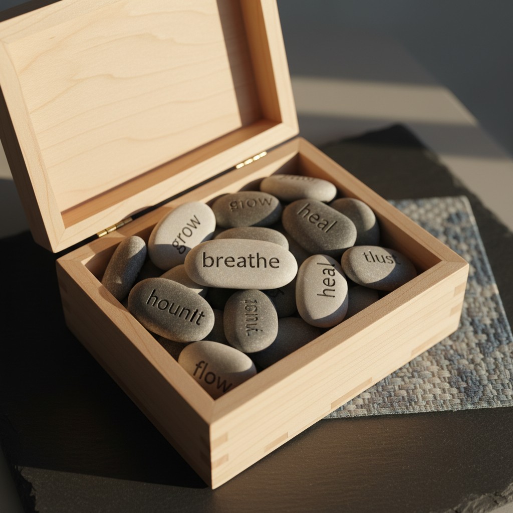 A wooden box filled with stones bearing various motivational words such as "breathe", "heal", "flow", and "grow" illustrat...
