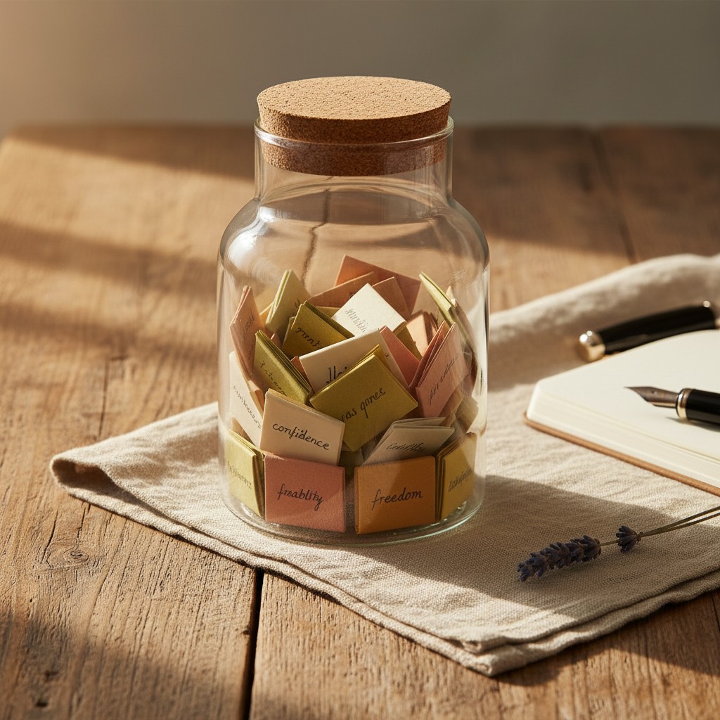 A glass jar with a cork lid is filled with small folded cards containing words.