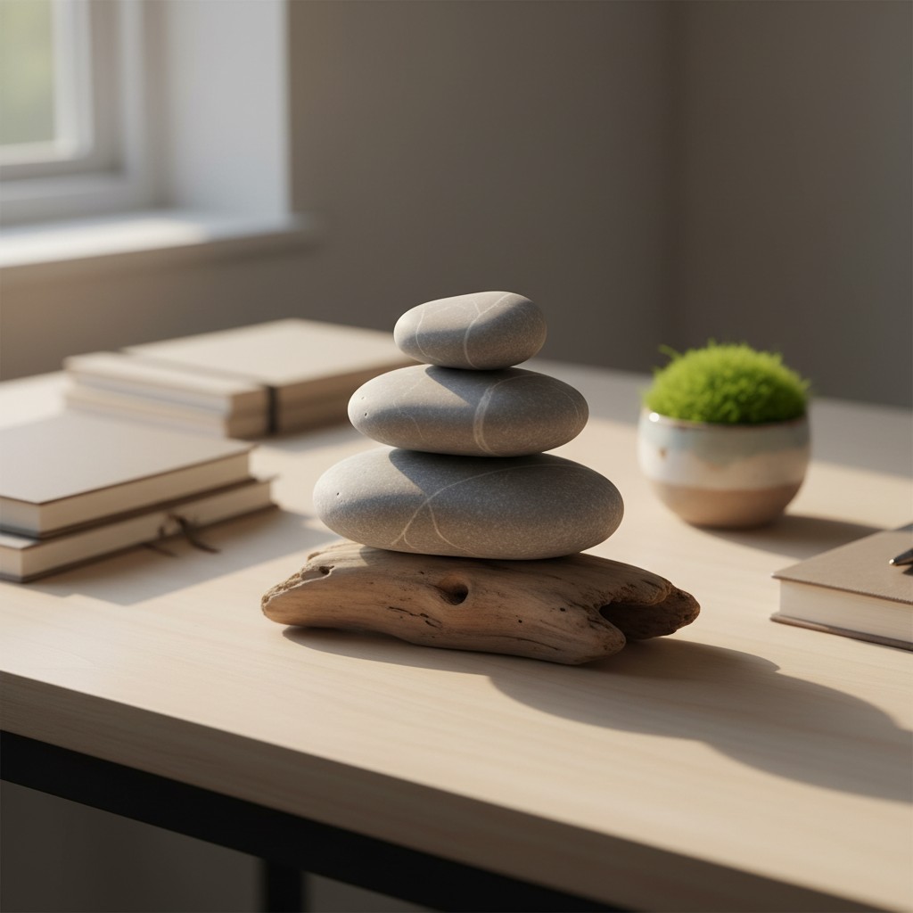 Stacked gray stones on a light wooden desk with books and plant.