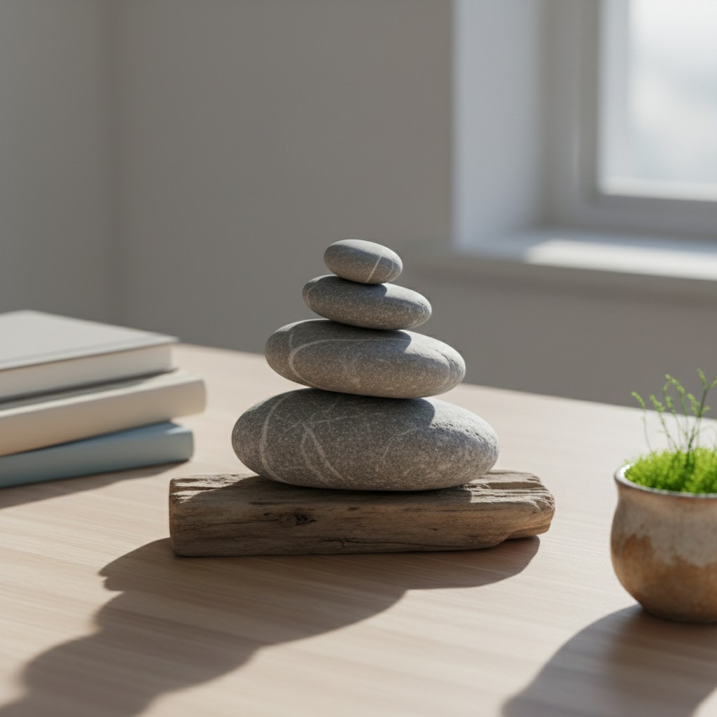 Piles of smooth grey stones stacked on driftwood laid on a light-hued wooden table. Juniper branches in a clay container b...