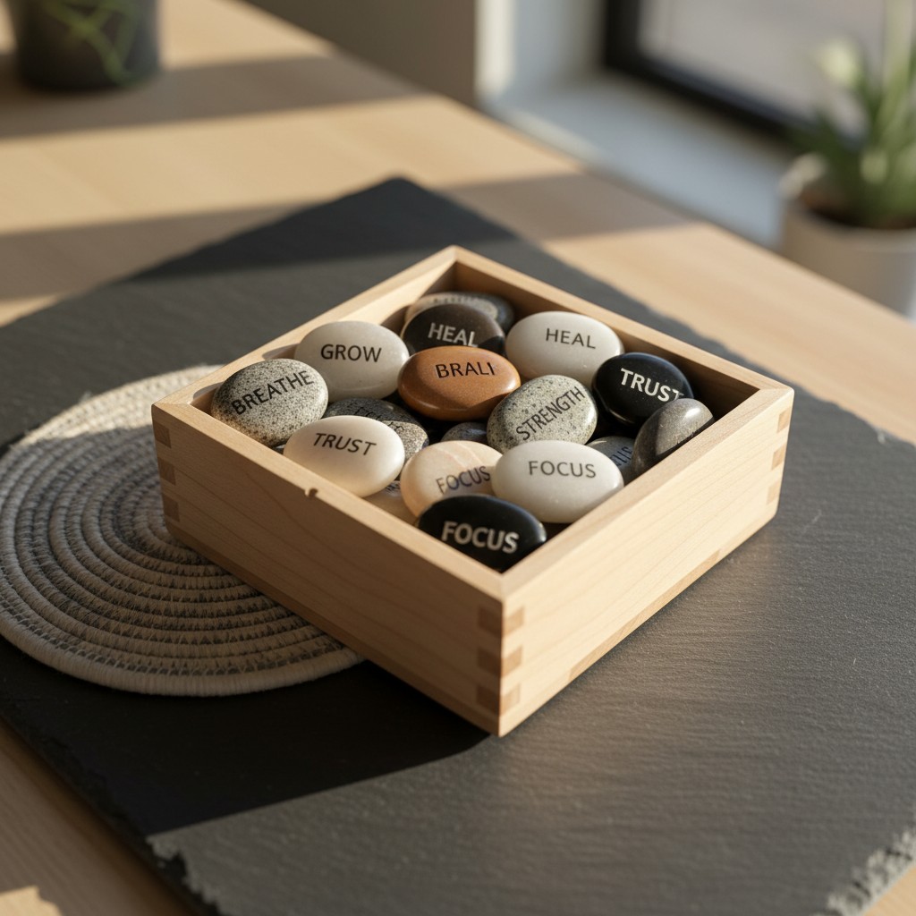 A collection of smooth stones with inspirational words, gathered in a small wooden box lined with black rubber, sitting on...